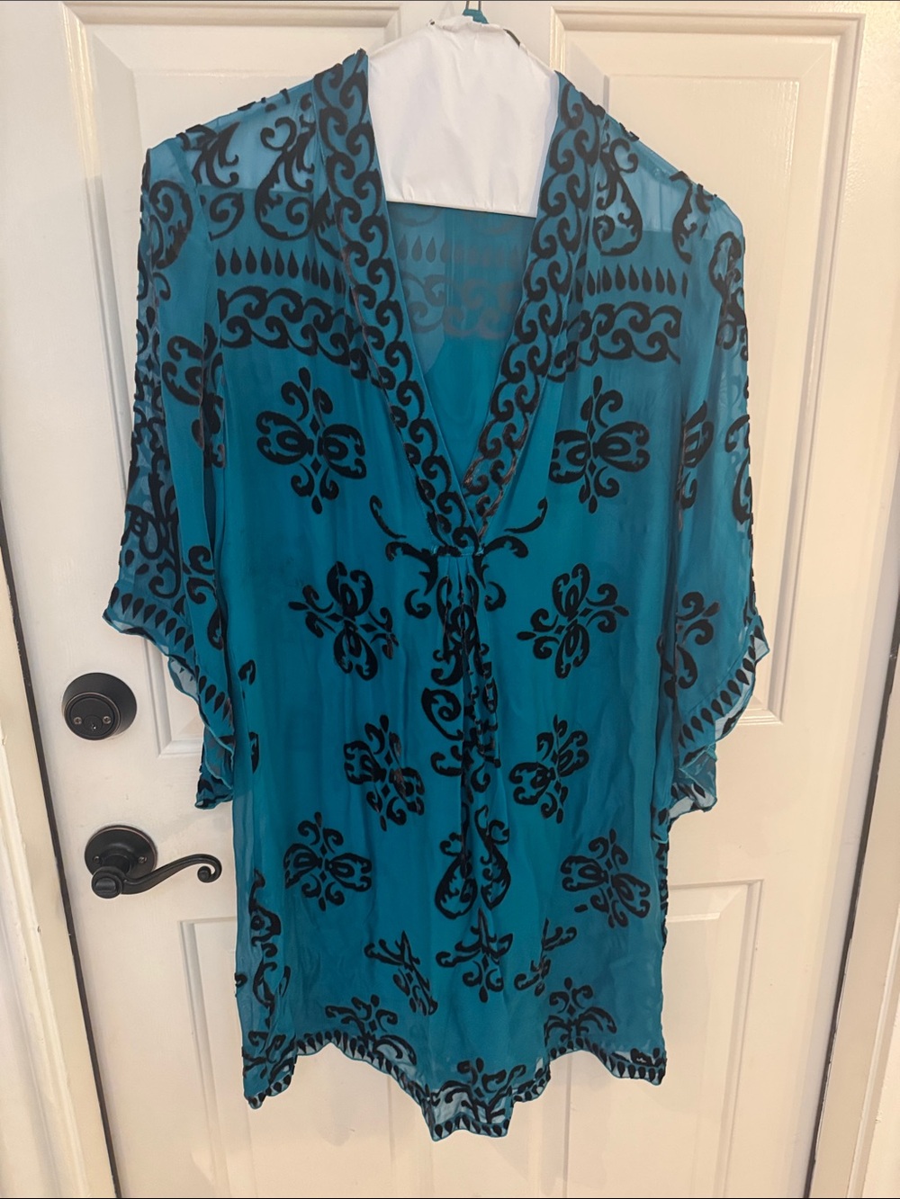 Hale Bob Teal Blue Sheer Tunic with Black Damask Print